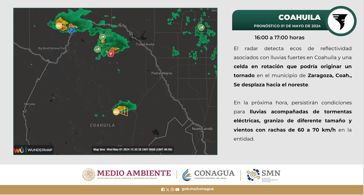 Se prevén #Lluvias acompañadas de #TormentasEléctricas, #Granizo de diferente tamaño y #Rachas de viento de 60 a 70 km/h en #Coahuila. 👀