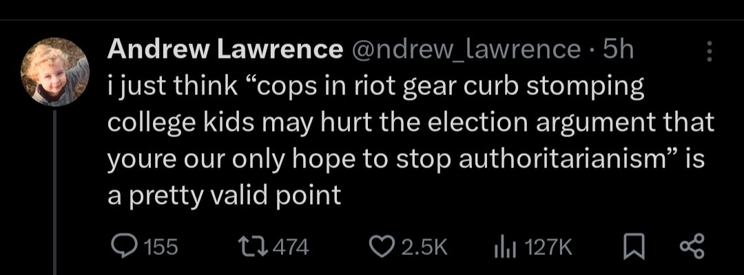 @papacap727 @acranberg @ndrew_lawrence Not accusing you of anything, 'curb stomping' came from OP, but I would be happy to find any examples of police brutality.

So far personally I've found one instance of a cop kneeing someone in the ribs but that's about it. Just trying to engage in good faith here.