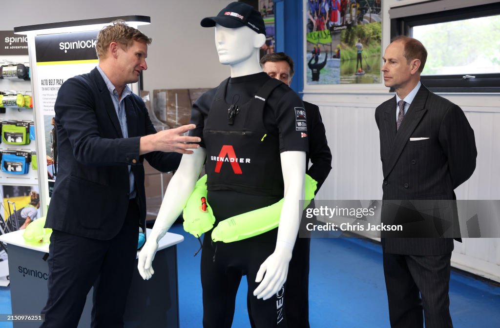 Prince Edward, Duke of Edinburgh laughs with an employee during a visit to Spinlock Production Facility on May 01, 2024 in Cowes, Isle of Wight, United Kingdom. This is the Duke of Edinburgh's first visit to the Island since 2022 (📸 Chris Jackson/Getty Images)