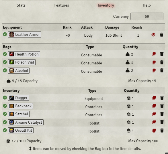 DungeonRoad's tweet photo. Items in the Inventory page may now be flagged as Equipped or toggled between Bag and Backpack slots. Formulas have also been added to calculate total weight and available capacity for games that with to use them. https://t.co/at3JGk7VTm