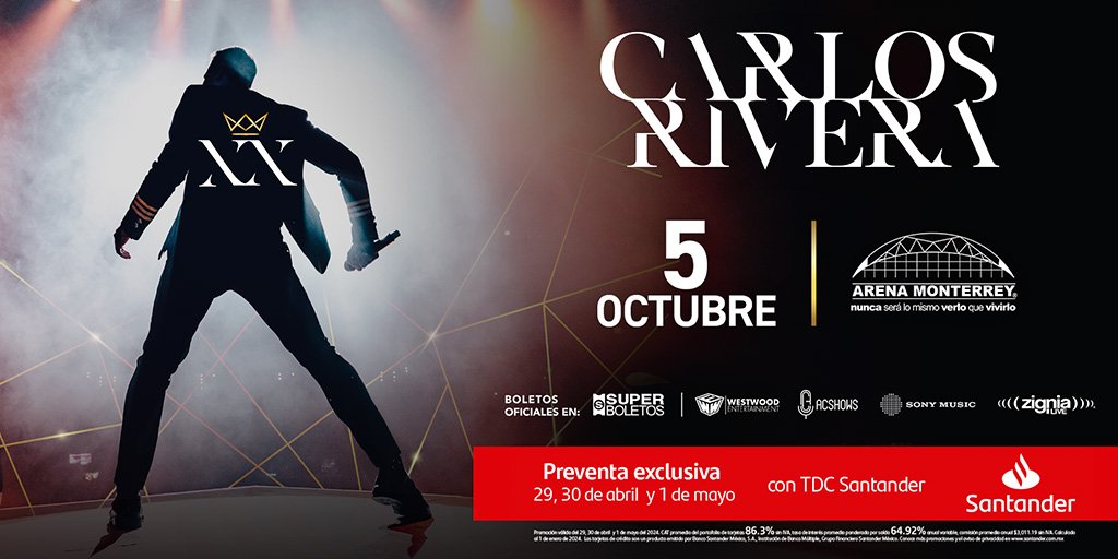 Ya comenzó la preventa @santander para nuestra celebración #CarlosXX en la @ArenaMtyOficial el 05 de Octubre. ¿Ya tienes tus boletos? @mikenoriega @jjuarezww @CR_ClubPorTi @ClubPorTi_pue @WestWoodEntt @westwoodfans @sonymusic