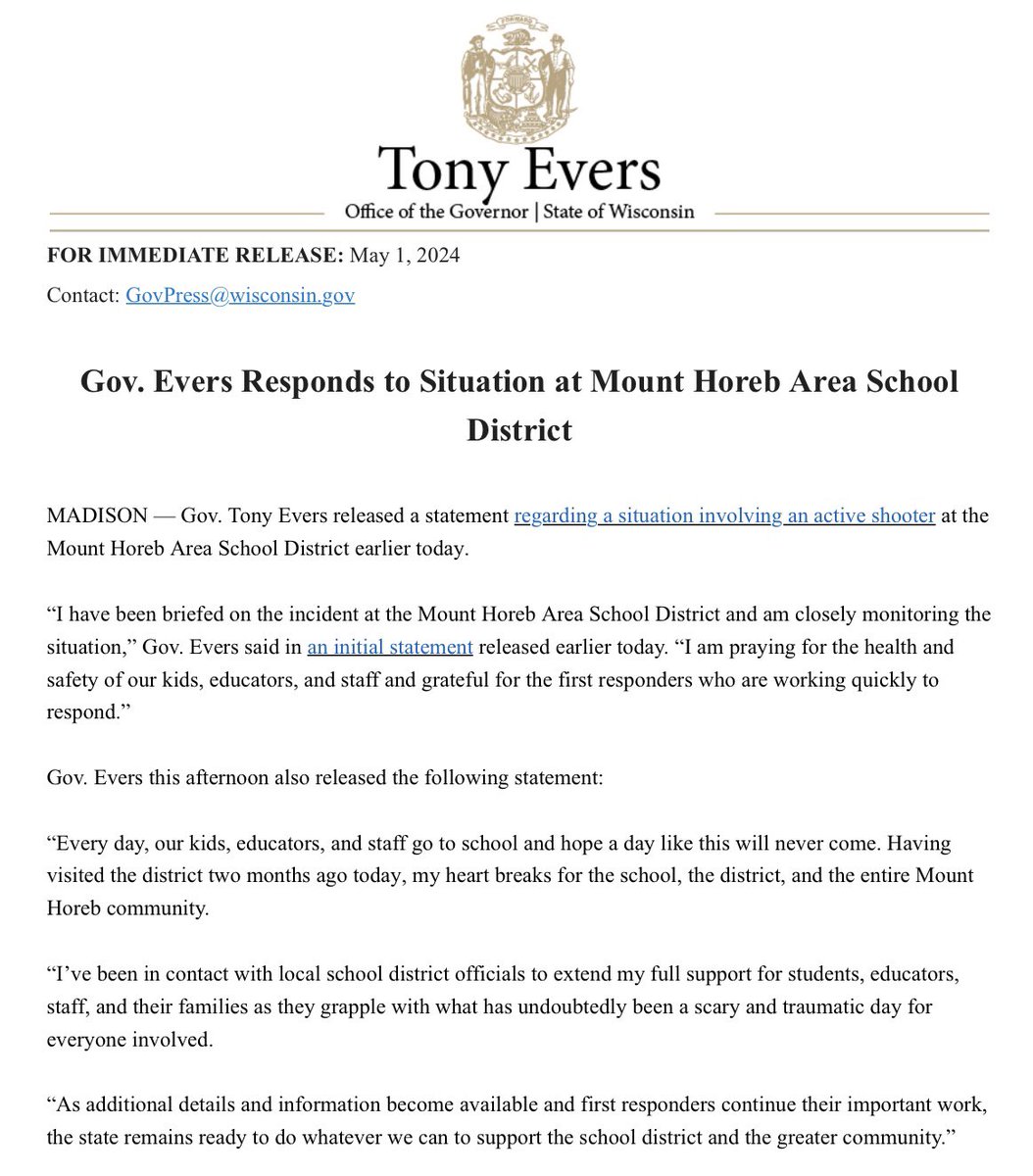 My full statement regarding the situation at the Mount Horeb Area School District today.