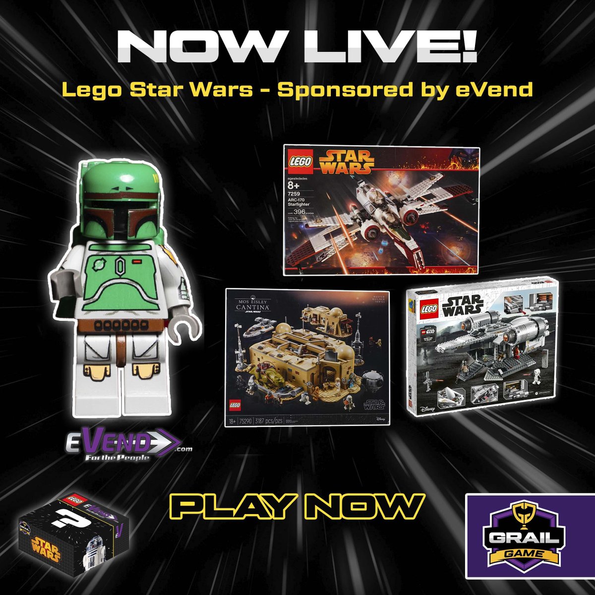 #GrailGamers! #StarWarFans! #LegoFans! We're kicking off #Maythe4th with all types of #StarWars Games! Everything from #LEGO, #FiGPiNs, #FunkoPop, and of course! #MEGAGRAILS! 🏆 To start this week off, Lego Star Wars (Sponsored By @eVend_hq) #Mysterybox Game is NOW LIVE! 🎉⁠
⁠…