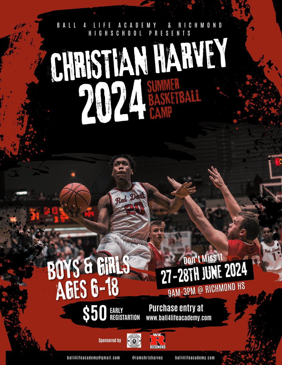 With summer just around the corner I am excited to announce that Ball4Life Academy and I are hosting the Christian Harvey 2024 Summer Basketball Camp @ Richmond HS!
 
Sign up for 2 days of basketball, skill development, &amp; fun! 
Visit website for more info
wwww.ball4lifeacademy.com