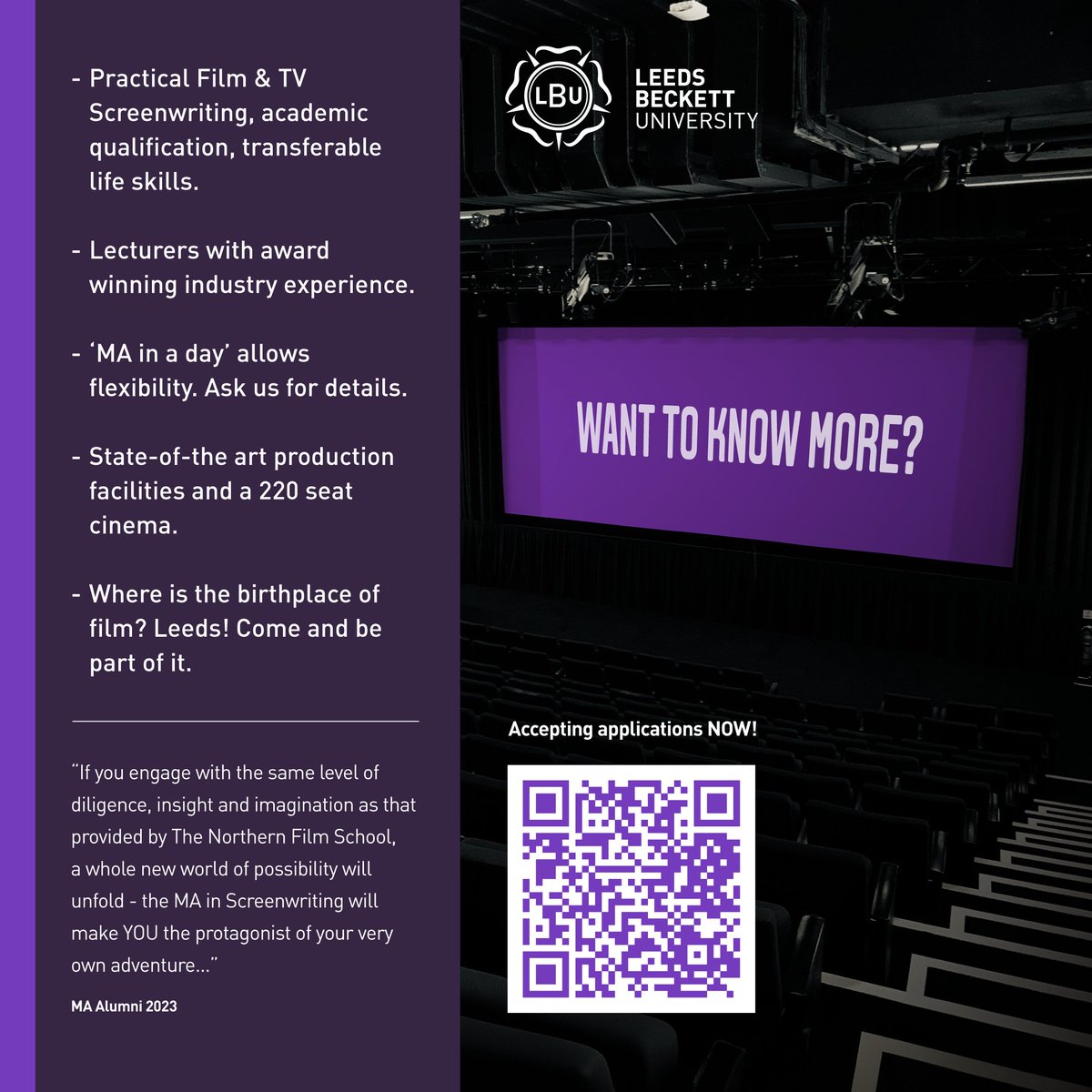 Accepting applications for 24/25. Intensive but flexible course. Taught by industry pros. We do what we say on the tin - screenwriting - but the life skills learnt are transferable. Scan QR code for more details. @leedsbeckett @NFSFilmTV #film #screenwriting #Leeds