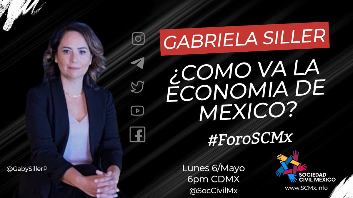 #SaveTheDateSCMx 🎙️: “¿Cómo va la Economía de México” Charla con Gabriela Siller @GabySillerP, Directora de Análisis Económico en Grupo Financiero BASE. Acceso: twitter.com/i/spaces/1Yqxo… Lunes 6 de Mayo/6pm CDMX #ForoSCMx cc @analucia_medina Por favor compártelo, gracias.