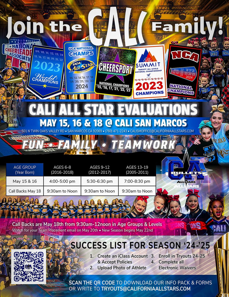 CALI SAN MARCOS TRYOUTS! DATES/AGE GROUPS: 🥇 5/15 4-5pm Ages: 6-8 5:30-6:30p Ages: 9-12 7:00-8:30p Ages: 13-19 🥇5/16 4-5pm Ages: 6-8 5:30-6:30p Ages: 9-12 7:00-8:30p Ages: 13-19 🥇5/18 Call Backs from 9:30am-12pm in Age groups & Levels 🌟Flyer Tryouts 🌟Worlds CALL BACKS