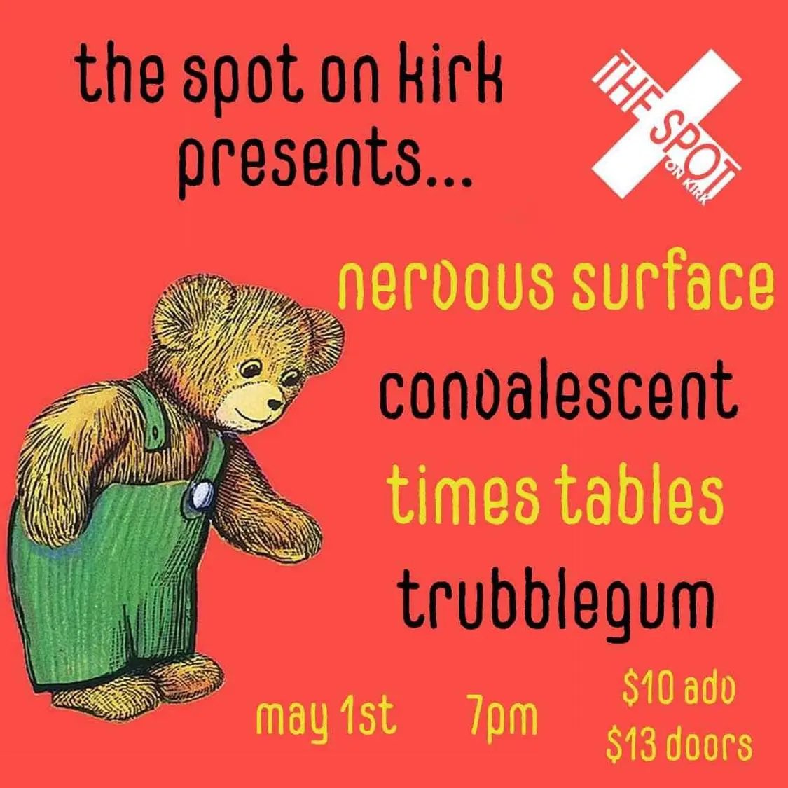 TONIGHT at The Spot! Trubblegum - trubblegum.bandcamp.com Times Tables - timestables.bandcamp.com Convalescent (Asheville) - convalescent.bandcamp.com Nervous Surface (Greensboro) - nervoussurface.bandcamp.com ‍Wednesday, May 1st, 2024 Doors 7:00PM | Starts 7:30PM $13 at the Door