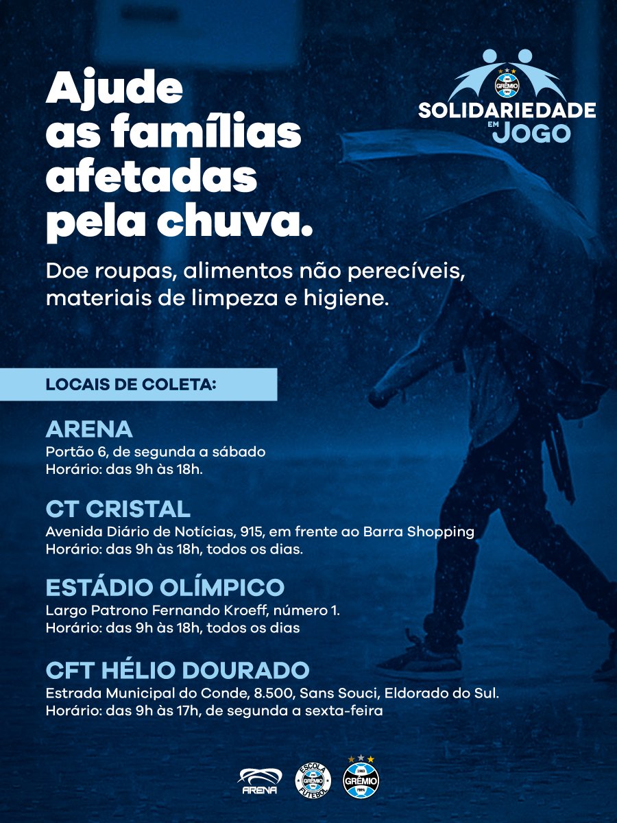 SOLIDARIEDADE EM JOGO 🇪🇪💪🏽 Mais uma vez, Grêmio, @todosnaarena, #BaseGremista e a Escola do Grêmio estão juntos em prol dos atingidos pelas chuvas. Serão diversos pontos de coleta de donativos para fazermos a diferença neste momento de dificuldade. ℹ️ gremio.net/noticias/detal…