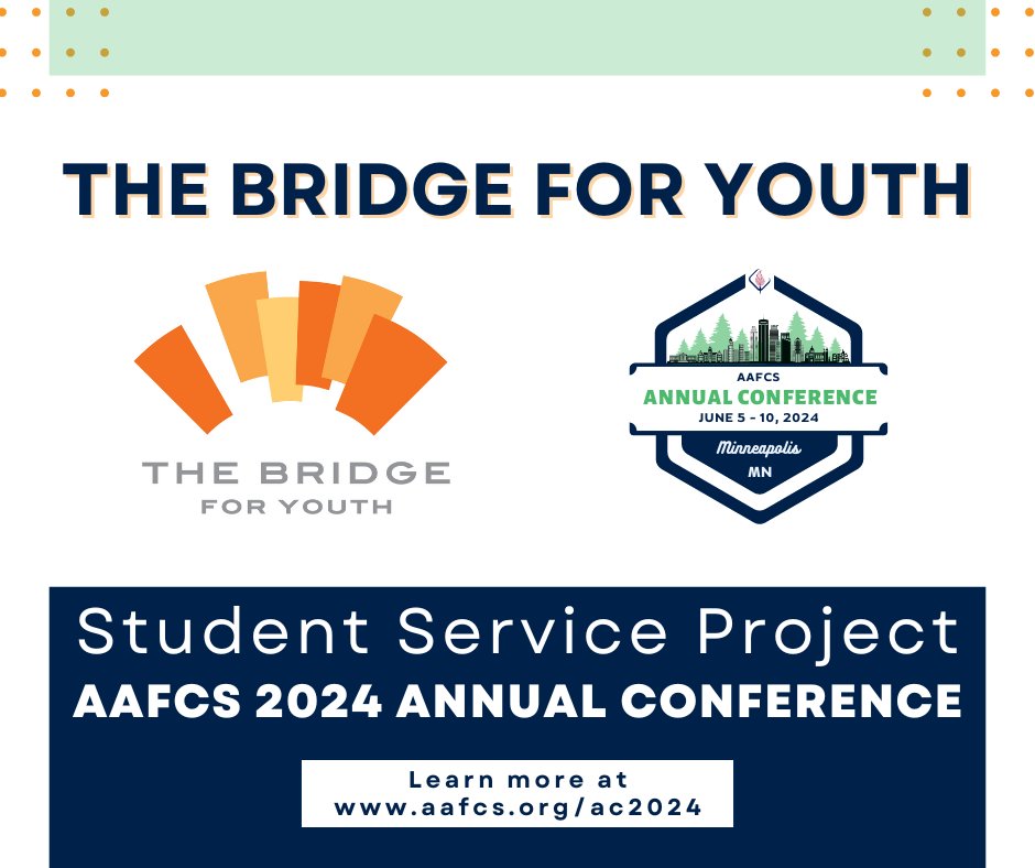 Announcing The Bridge for Youth as the Student Unit Service Project for the 2024 Annual Conference! Donations for the Summer care kits will be accepted during the Hub hours at the Student Unit Officer table. Learn more: bit.ly/3Qu4TBv #aafcs #ac2024 #aafcsac24