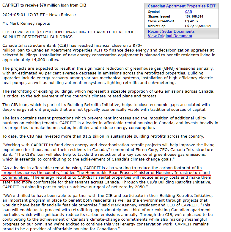 tsxman's tweet photo. $CAR.UN #CAPREIT wins a new $70 million dollar low interest loan from the Canadian Infrastructure Bank to 'decarbonize' 14,000 residential suites. Seems CAPREIT has won favor with the Liberal housing minister who recognized them for providing affordable housing. https://t.co/xc8lJXrgwP