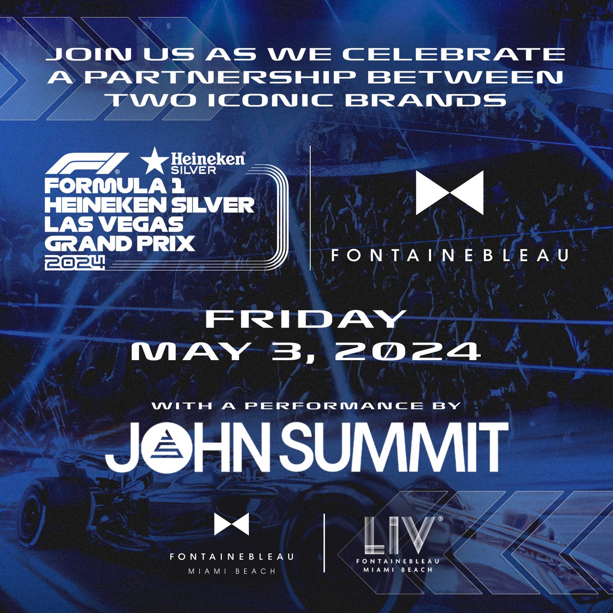 #F1 race week in Miami starts now! Join us @LIVmiami on May 3 to celebrate our new partnership with @fblasvegas. Get ready for a night with #LasVegasGP and @johnsummit. See you there🏁🎉