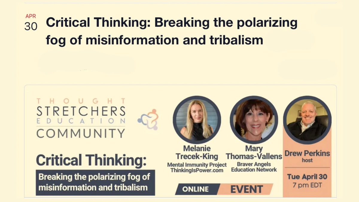 In case you missed this talk last night, it’s now available on YouTube! “Critical Thinking: Breaking the polarizing fog of misinformation and tribalism” Watch: thinkingispower.com/thought-stretc…