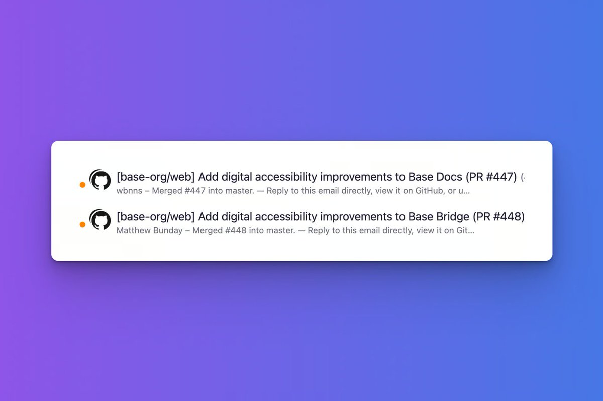 HelloAccessHQ's tweet image. We did three improvements for @base, and they all got merged! 🎉  

30+ changes to help make sure the Base homepage, Bridge, and Docs site are more accessible for the 1 in 5 with a disability!  

Thanks @jessepollak and the team for helping @carlaiau and I help make Base the most…