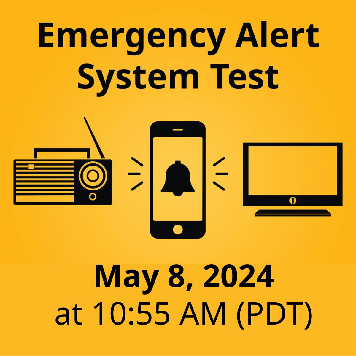 On Wed, May 8 at 10:55 AM (PDT), an emergency alert TEST will be issued. An alert tone & message will be sent to compatible cell phones, radio & TV. Learn what to do when you receive an Alert: www2.gov.bc.ca/gov/content/sa…