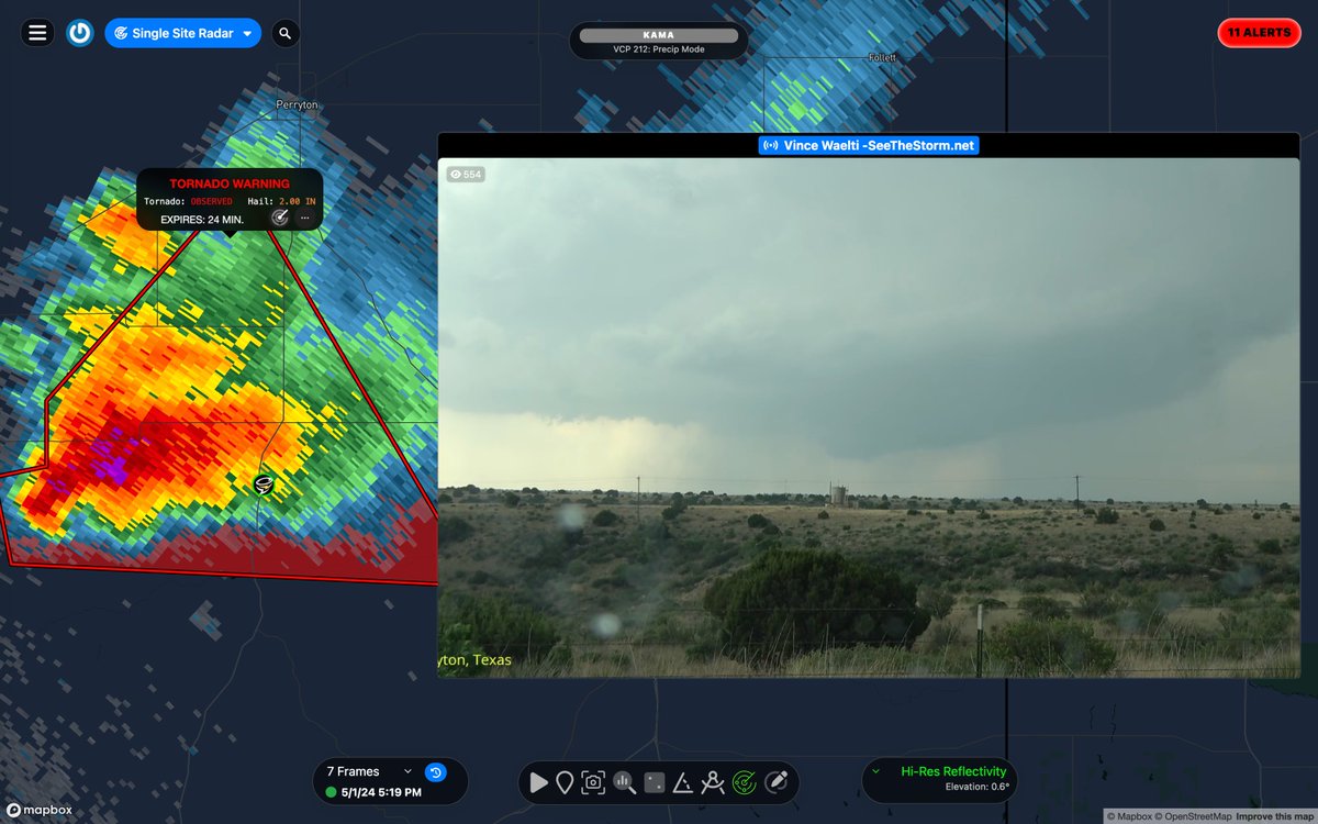 Observed Tornado Warning continues for Hansford County, TX, Hutchinson County, TX, Ochiltree County, TX, Roberts County, TX until 5:45 PM CDT #TXwx Storm chaser @VinceWaelti has a view of this storm! Tune into his @cyclonePORT stream in the RadarOmega app!