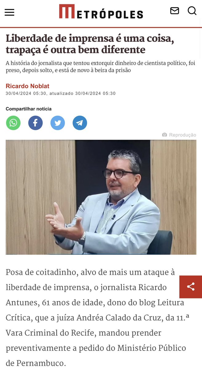 É necessário fazer um esclarecimento: esta ordem de prisão do jornalista pernambucano não tem nenhuma relação com extorsão e sequer com o que ele escreveu. A prisão foi determinada unicamente por ter deixado de cumprir decisões judiciais. Precedente errado construído pelo STF no…