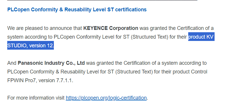 3threes2's tweet photo. KV Studio V12いつ出るですか?
どうやらV12から、STがPLC-OPENのCertification取ったらしい
#Keyence #KVSTUDIO #キーエンス https://t.co/GQaUjvDcjc