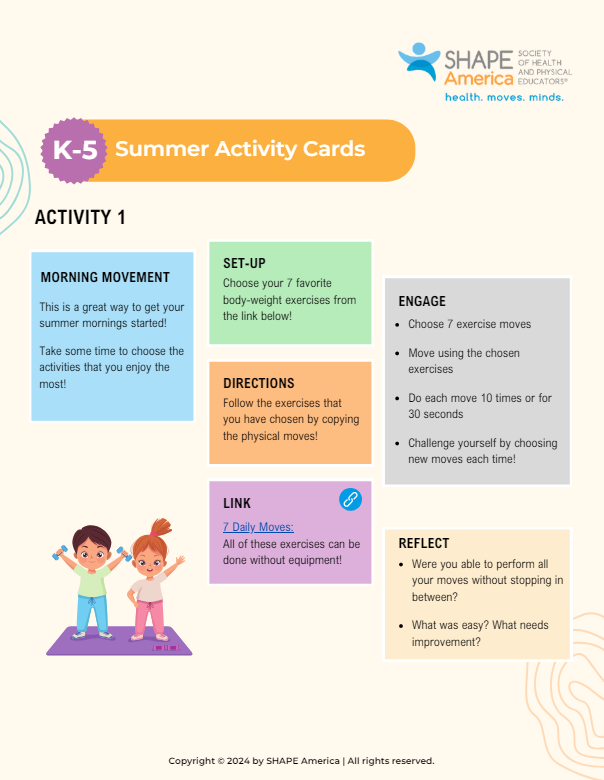SHAPEAmerica's tweet image. Free Summer Activity Cards for grades K-5 and 6-12‼️ #MoveInMay

Download our free National PE &amp;amp; Sport Week Teacher’s Toolkit which includes these activity cards &amp;amp; more👇👇shapeamerica.org/events/pesport…