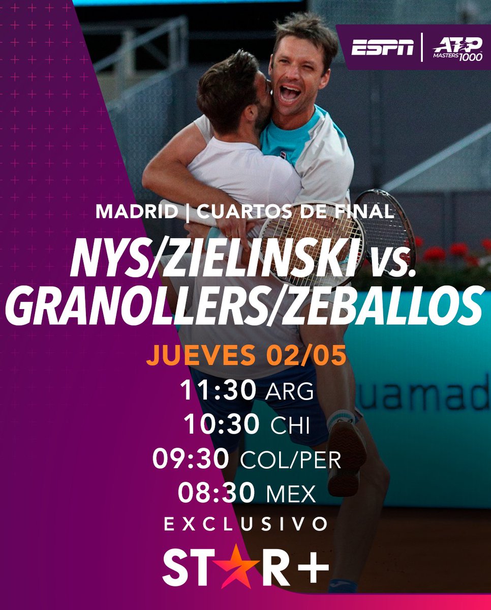 ¡Un partido muy especial! 🤞

🇪🇸 Granollers y 🇦🇷 Zeballos se juegan no solo el pase a semis de #Madrid, sino también el N°1 del mundo. ¡Alentalos en la pantalla de @StarPlusLA! ⭐

#MiraloEnStarPlus ▶️ dis.la/ESPNenStarPlus…