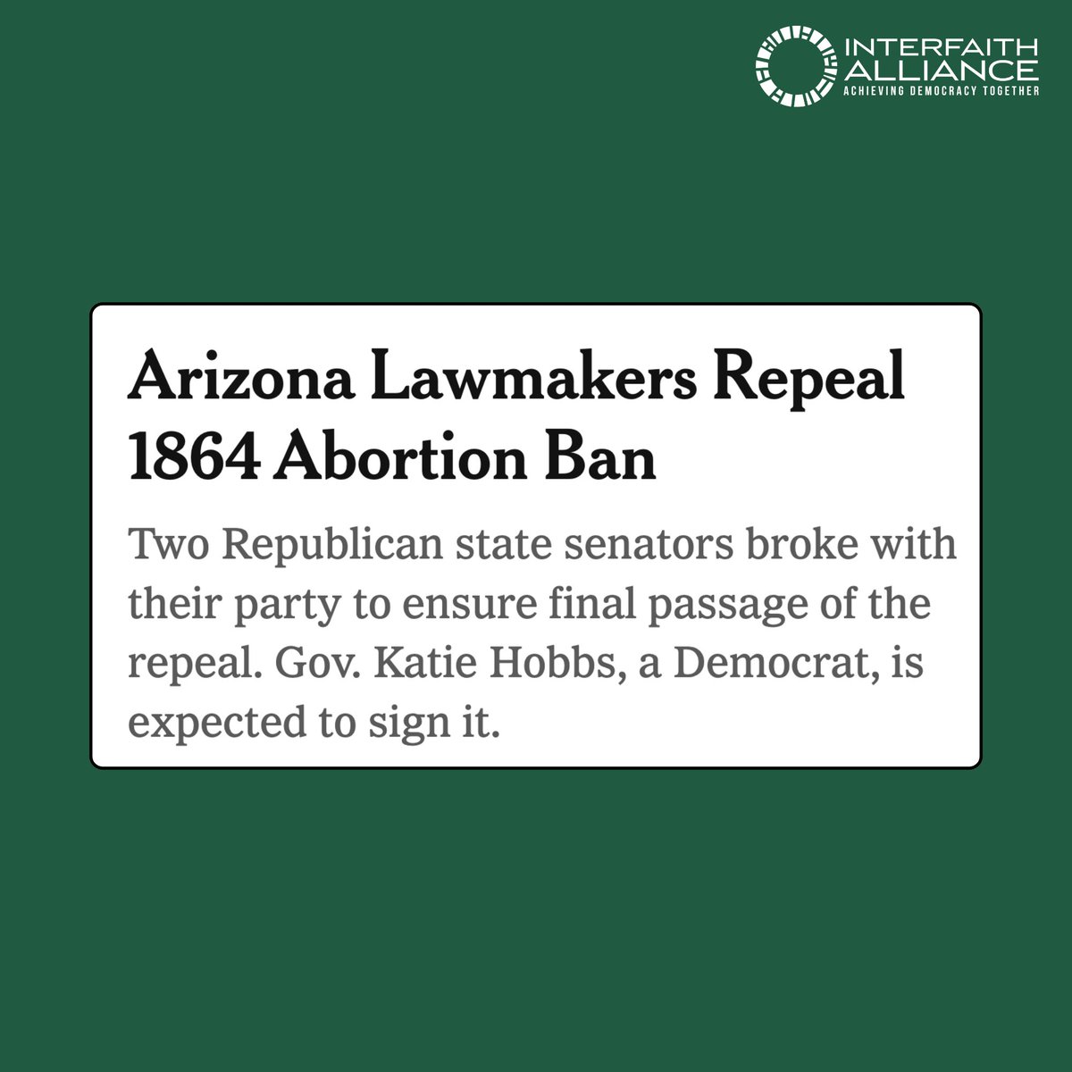 This is a relief, but the 1864 abortion ban may still be in effect for several months. Getting abortion on the ballot in Arizona 🌵 is crucial. As people of diverse faiths and beliefs, we believe no one religion has a right to determine what other people do with their bodies.