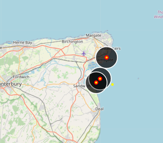 Lightning detected in Sandwich, Kent. This is the first thunderstorm to make landfall.