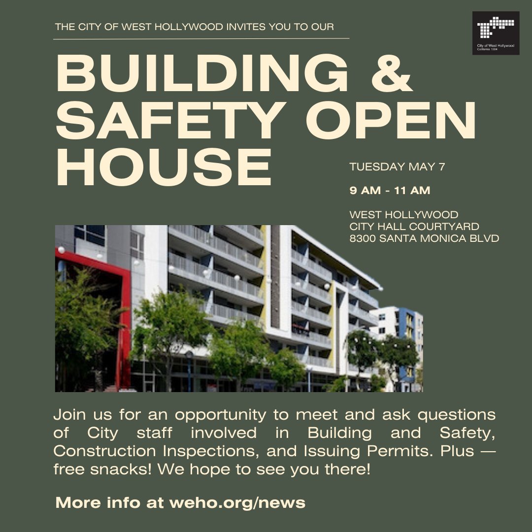 May is Building Safety Month! Join us to celebrate at our Open House on 5/7 at the City Hall Courtyard. 🌟 Dive into the world of building safety, meet our staff, & explore what it takes to create safe structures in WeHo. Refreshments will be served! ℹ️ go.weho.org/3WmTCa6