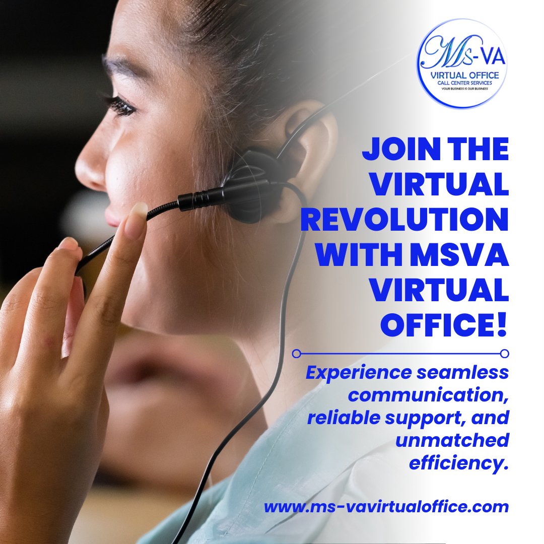 Join the virtual revolution and unlock unlimited possibilities with MSVA Virtual Office! 

#VirtualRevolution #InnovativeSolutions #virtualassistance #virtualassistants #virtualoffice #msvavirtualoffice #msva