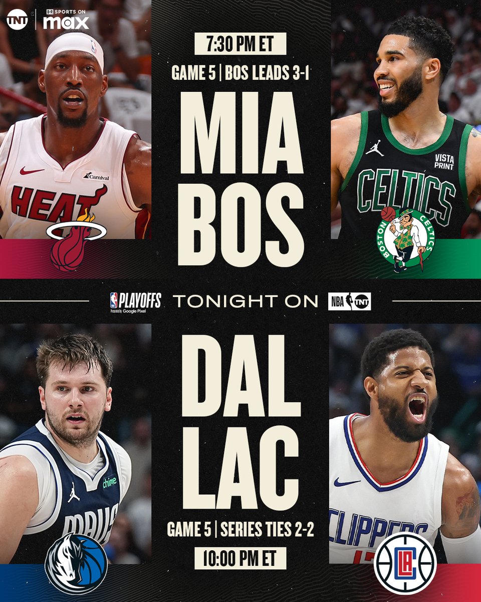 Another night of #NBAPlayoffs @MiamiHEAT vs. @celtics @dallasmavs vs. @LAClippers 📺 7 PM ET | TNT and @SportsonMax