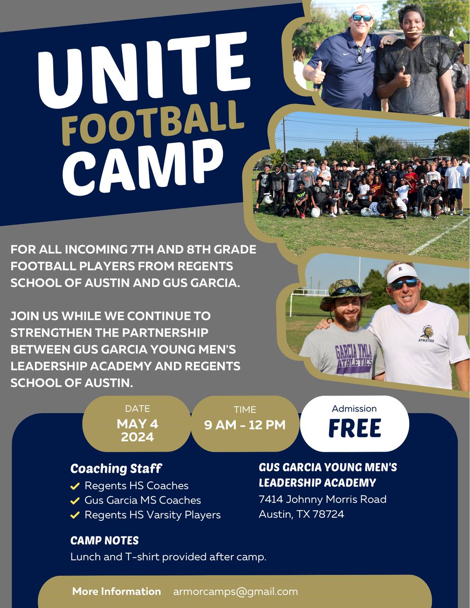 Brett C Allen (@coachballen) on Twitter photo Excited to continue our yearly Unite Football Camp with Gus Garcia Young Men’s Leadership Academy and <a href="/RSA_Athletics/">Regents Athletics</a> on Saturday May 4th.
This camp is for upcoming 7th and 8th grade students.
Sign up link
form.jotform.com/240444669206155 Excited to continue our yearly Unite Football Camp with Gus Garcia Young Men’s Leadership Academy and <a href="/RSA_Athletics/">Regents Athletics</a> on Saturday May 4th.
This camp is for upcoming 7th and 8th grade students.
Sign up link
form.jotform.com/240444669206155