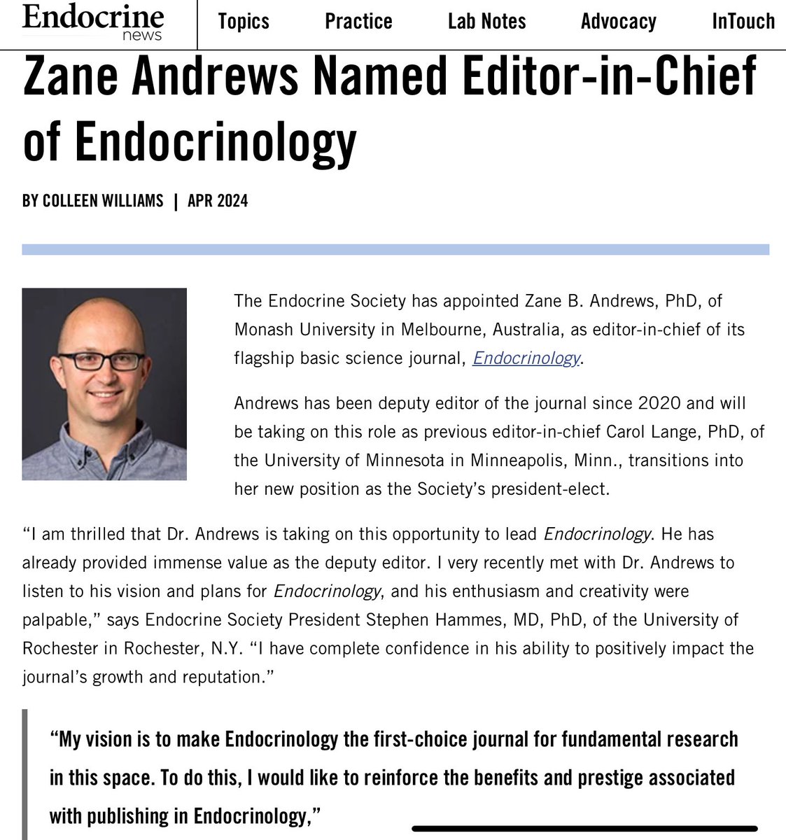Congratulations Dr. Andrews! @zane_andrews1 Thank you to outgoing EIC and incoming @TheEndoSociety President Dr. Carol Lange. The Endocrine Society is fortunate to have such strong engagement from so many dedicated members