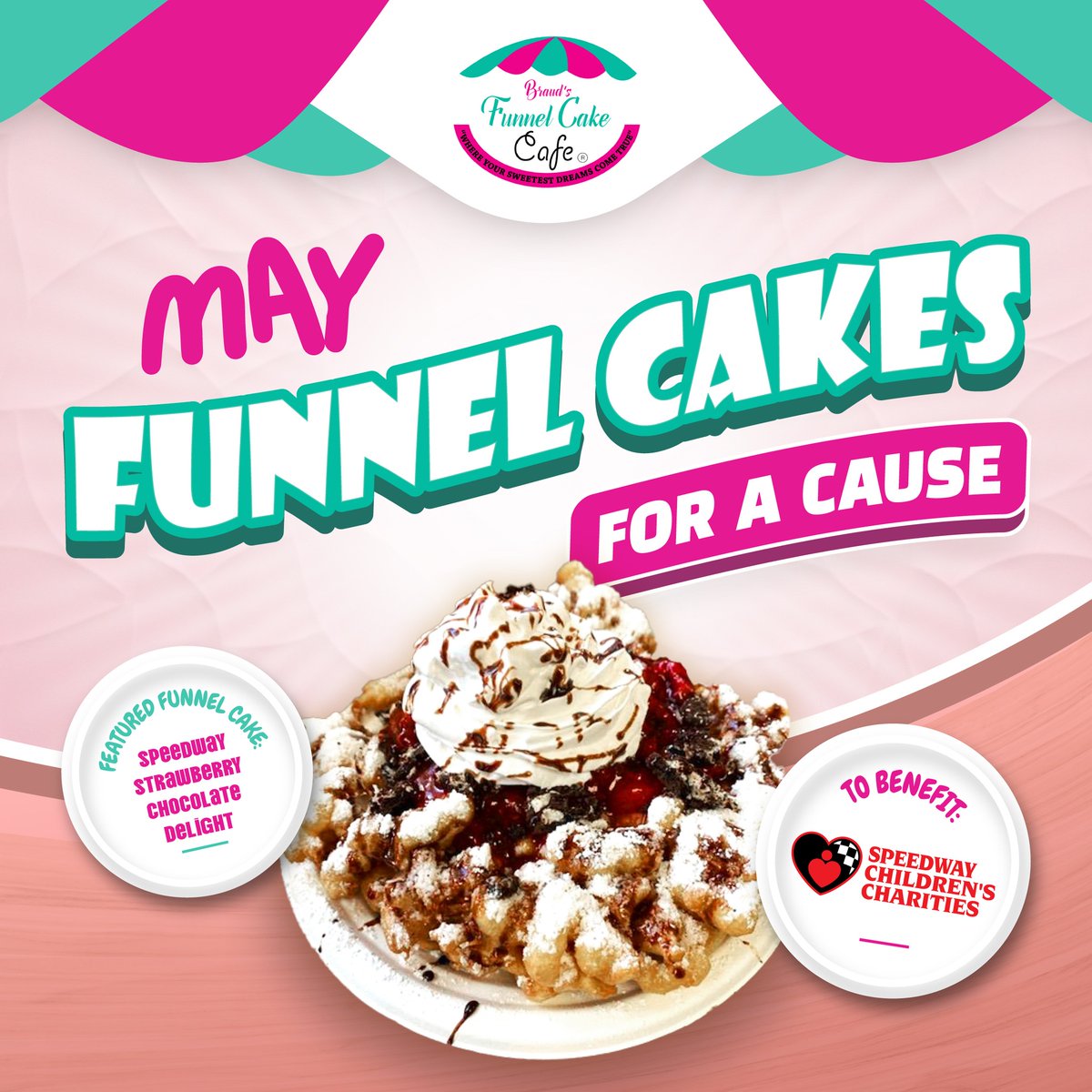 SCC HAS OUR OWN FUNNEL CAKE! Stop by Braud's Funnel Cake Cafe @ShopTownSquare thru May to get your Speedway Strawberry Chocolate Delight funnel cake! SCC receives a portion of THIS funnel cake, so help kids in need and feed your sweet tooth!