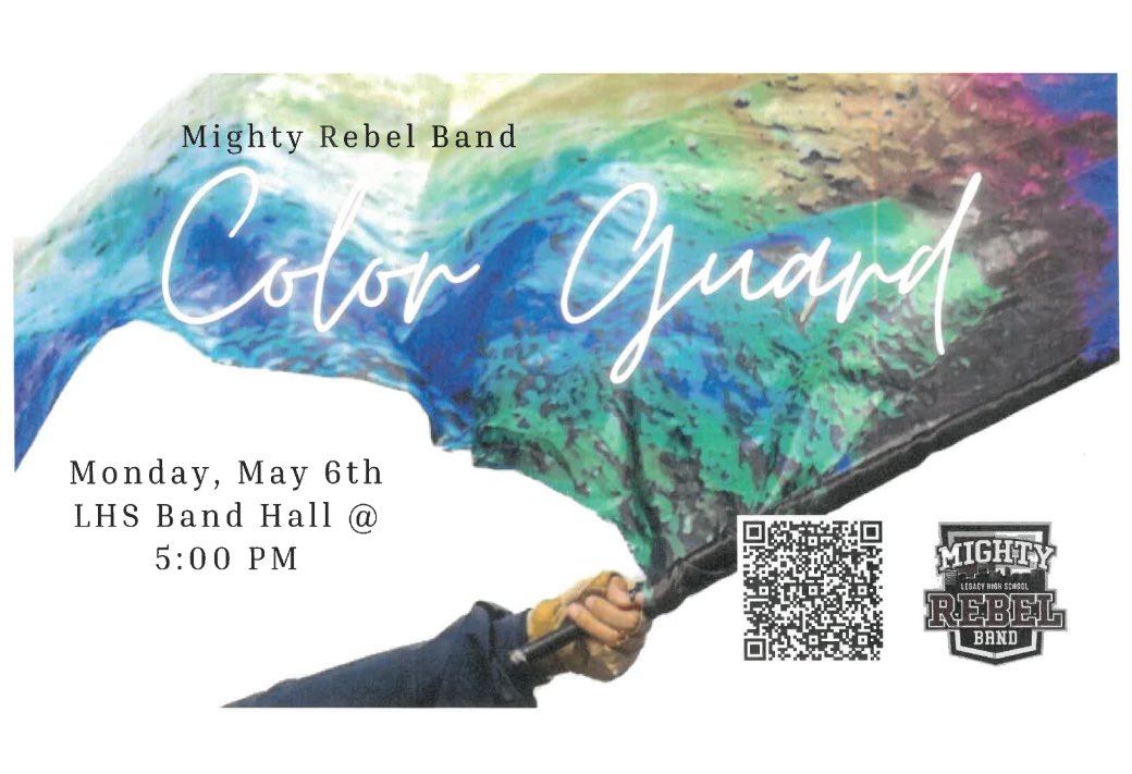 Tryouts for the LHS Color Guard begin the week of 5/6/24 in the band hall.  They are from 5:00- 6:30 pm Monday- Thursday.  The official audition for Color Guard will be Saturday, May 11th from 12:30- 2:30pm.