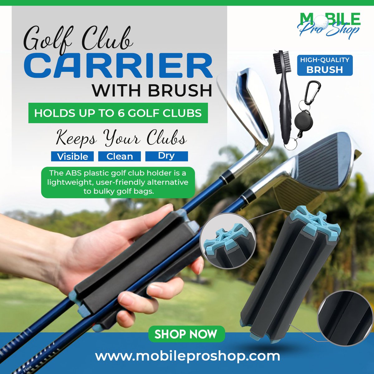 Golf Club Carrier with Brush - Holds up to 6 Golf Clubs, Keeps Your Clubs Visible, Clean & Dry – Premium Quality Golf Club Holder by Mobile Pro Shop!

#MobileProShop #GolfClubCarrier #GolfGear #GolfAccessories #PremiumQuality #ClubHolder #GolfClubs
