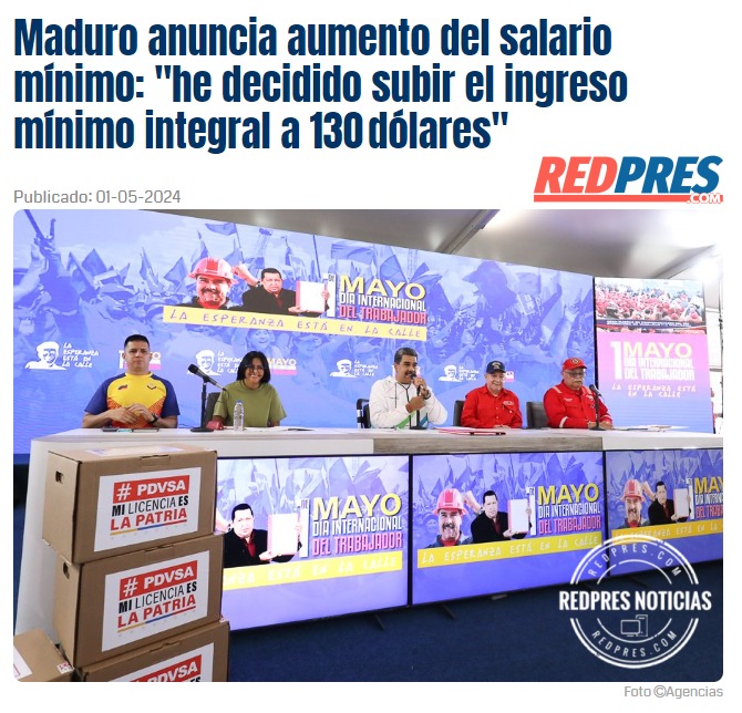 Maduro anuncia aumento del salario mínimo: 'he decidido subir el ingreso mínimo integral a 130 dólares' redpres.com/t41972-maduro-… Tags | 🏷️ Aumento 🏷️ Bono 🏷️ IVSS 🏷️ Hotel Tamanaco 🏷️ Mamba 🏷️ #ÚLTIMAHORA 🏷️