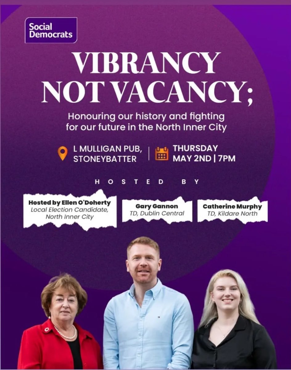 We’d love for you to join us tomorrow for an evening with @EllenSocDem @GaryGannonTD & @CathMurphyTD chatting about the past, present and future of the North Inner City and Stoneybatter.