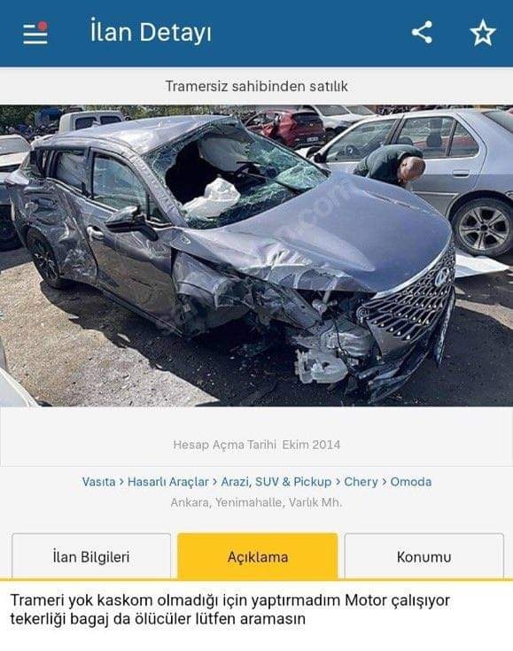 Sahibinden’de hasarlı aracına 610.000 TL isteyen bir satıcının notu:

“Motor çalışıyor, tekerlekler bagajda. Ölücüler lütfen aramasın.”

Ölücüler lütfen aramayın adamı 😂