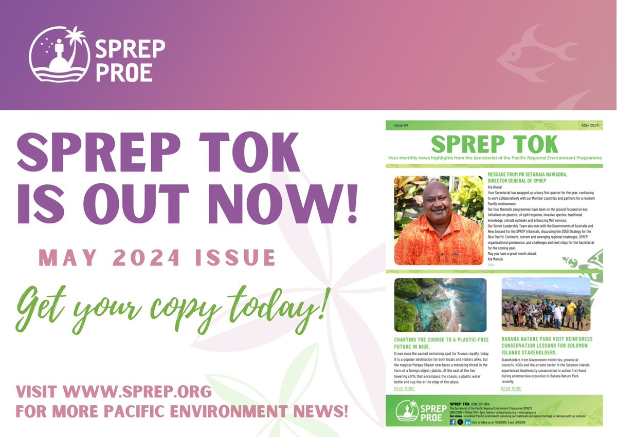 📌The May 2024 issue of the SPREP-Tok is out now! The SPREP-Tok, a monthly e-bulletin contains all the latest news from SPREP, collated and condensed into one document for your convenience and reading pleasure. Download your copy at this link⬇️ library.sprep.org/con.../sprep-t…