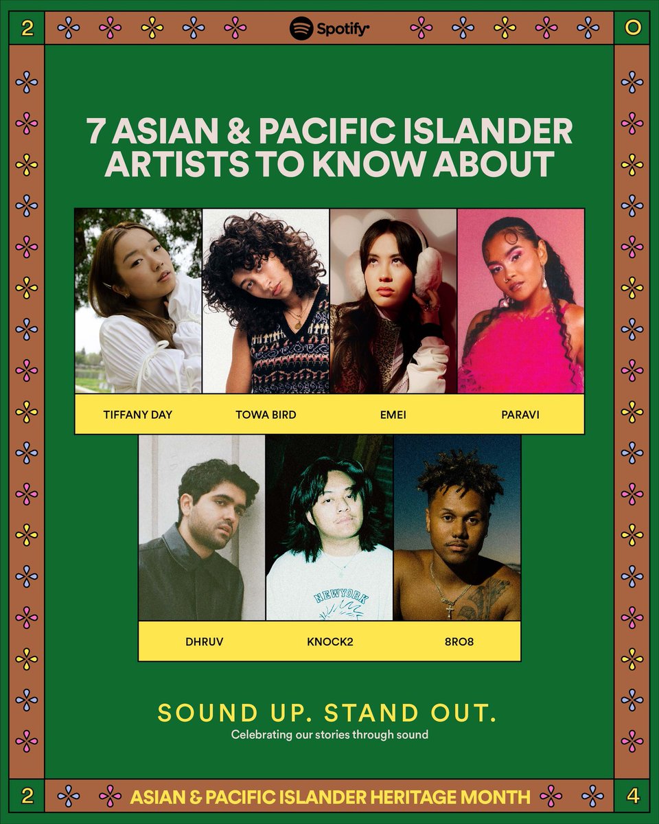 Spotify's tweet image. In celebration of Asian &amp;amp; Pacific Islander Heritage Month, here are 7 API artists to listen to (and which songs to start with!) – 🧵 #APIHM