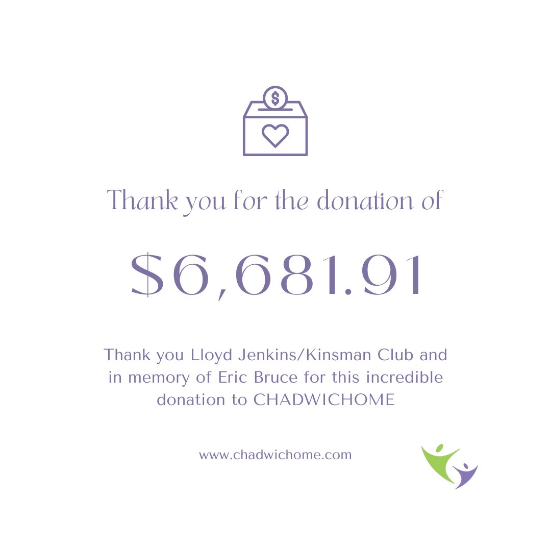 Thank you Lloyd Jenkins/Kinsman Club and in memory of Eric Bruce for this memorial donation to CHADWICHOME 

Donations like these enable us to continue offering support and program services to the women and youth in our community.