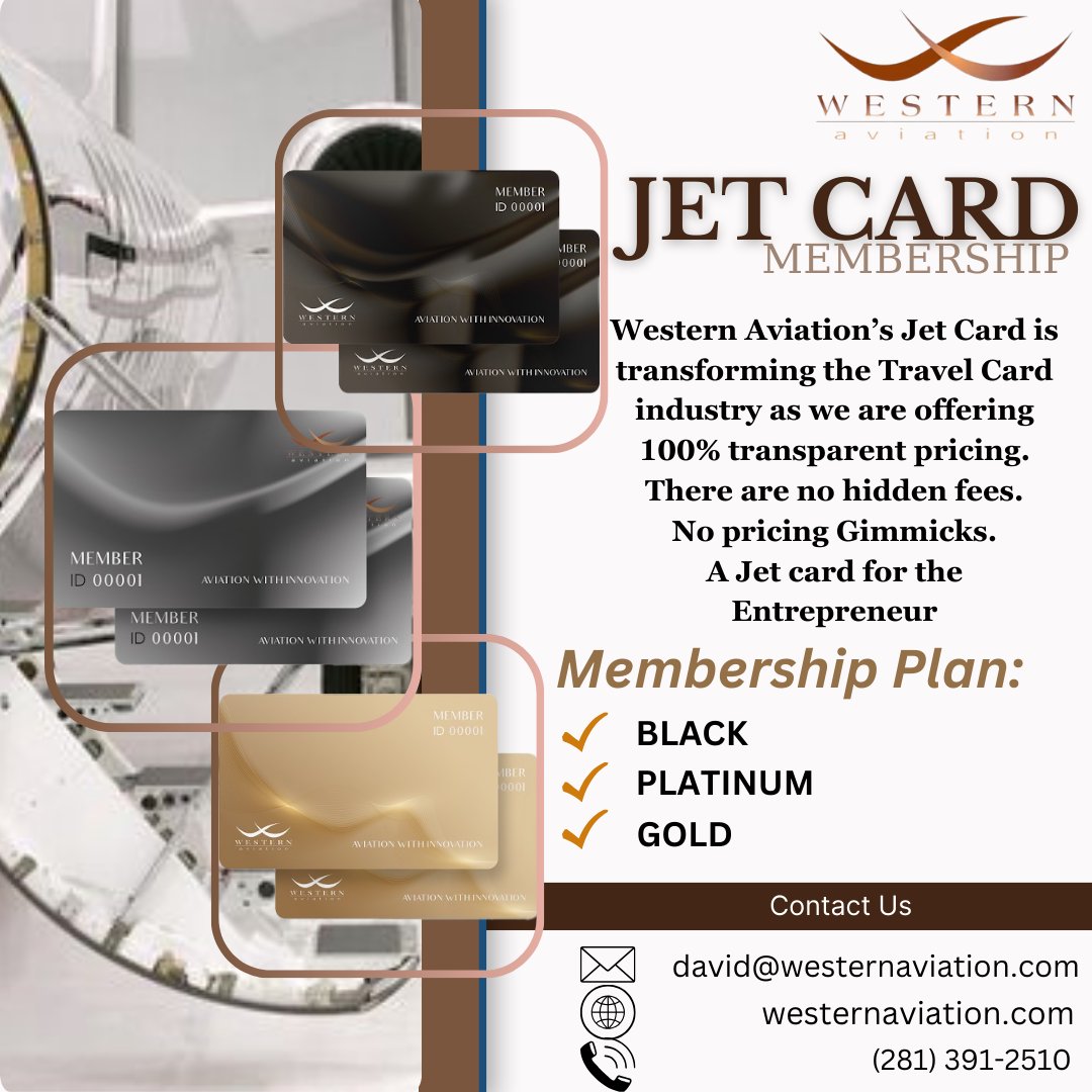 The only Jet Card you need provides you access to private aircraft and concierge services around the globe.

Visit us at westernaviation.com/jet-card/#inqu…

#followers #jetcard #privateaircraft #privatejet #privatecharter #transparent #NoHiddenCosts #TravelCard #black #platinum #gold