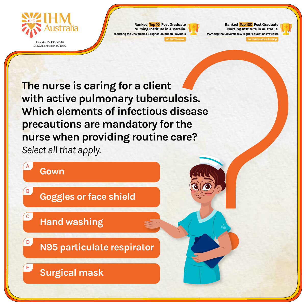 👩‍⚕️ Dive into #NCLEXThursday with IHM!
🏆 Sharpen your skills and ace our weekly challenge!

🌟 Questions or concerns? Discuss with us: bit.ly/3FzcE2n

#IHM #IHMAustralia #NCLEX #NCLEXPrep #NursingCareer #InternationalNurse #OnlineLearning #NursingEducation