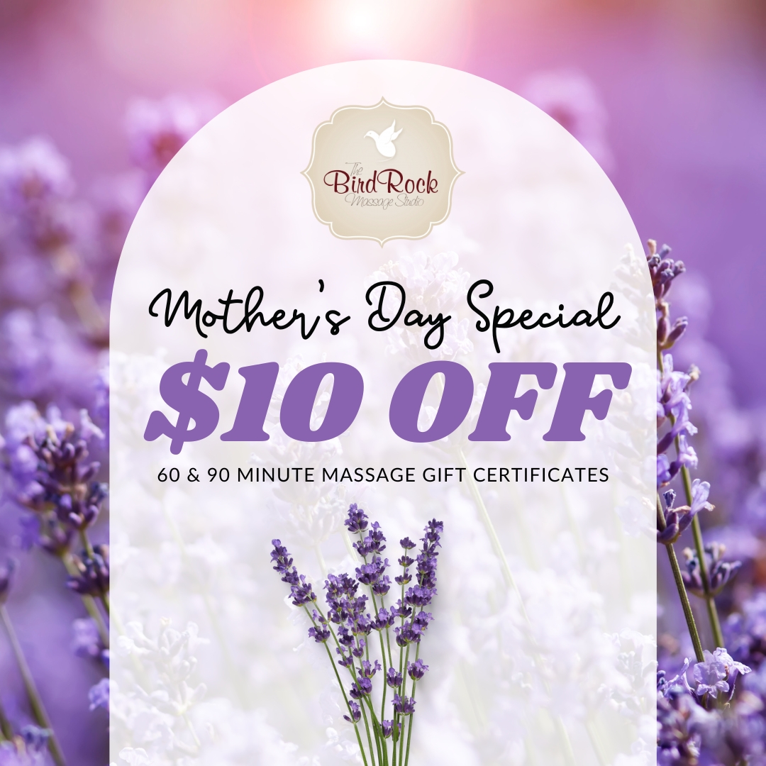 This Mother's Day, give the gift of relaxation! 💆‍♀️
Treat mom to a soothing massage at Bird Rock Massage Studio and save $10 on 60 and 90-minute gift certificates now through May 31st. 
thebirdrockmassagestudio.com

#mothersdaygifts #sandiegomoms #massagespecial #sdmassage #birdrock