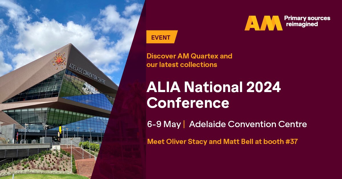 We're heading to Adelaide next week for the @aliaconference. You'll find Ollie and Matt at booth #37 - come and find out more about our latest publications, and discover our powerful digital collections platform, AM Quartex. We hope to see you there! #national24