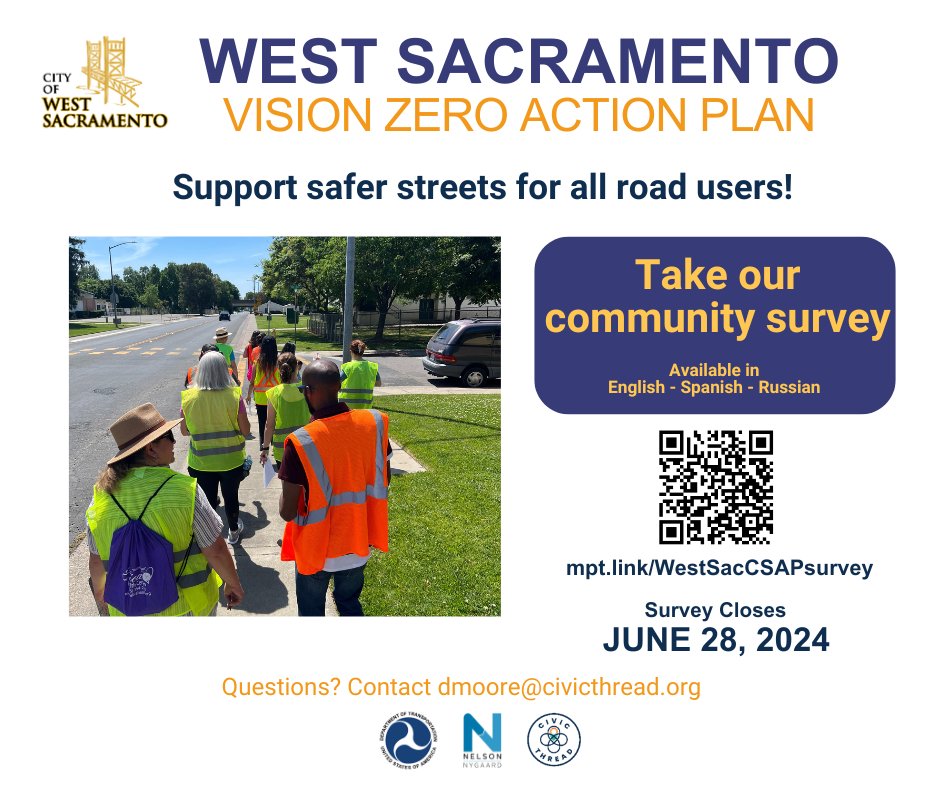 🚗 Be the solution to reducing traffic fatalities & serious injuries! West Sac’s survey is out now! We want to hear from all road users what your safety concerns are, where they are, & what solutions you want to see. Take the survey here: mpt.link/WestSacCSAPsur… #VisionZero