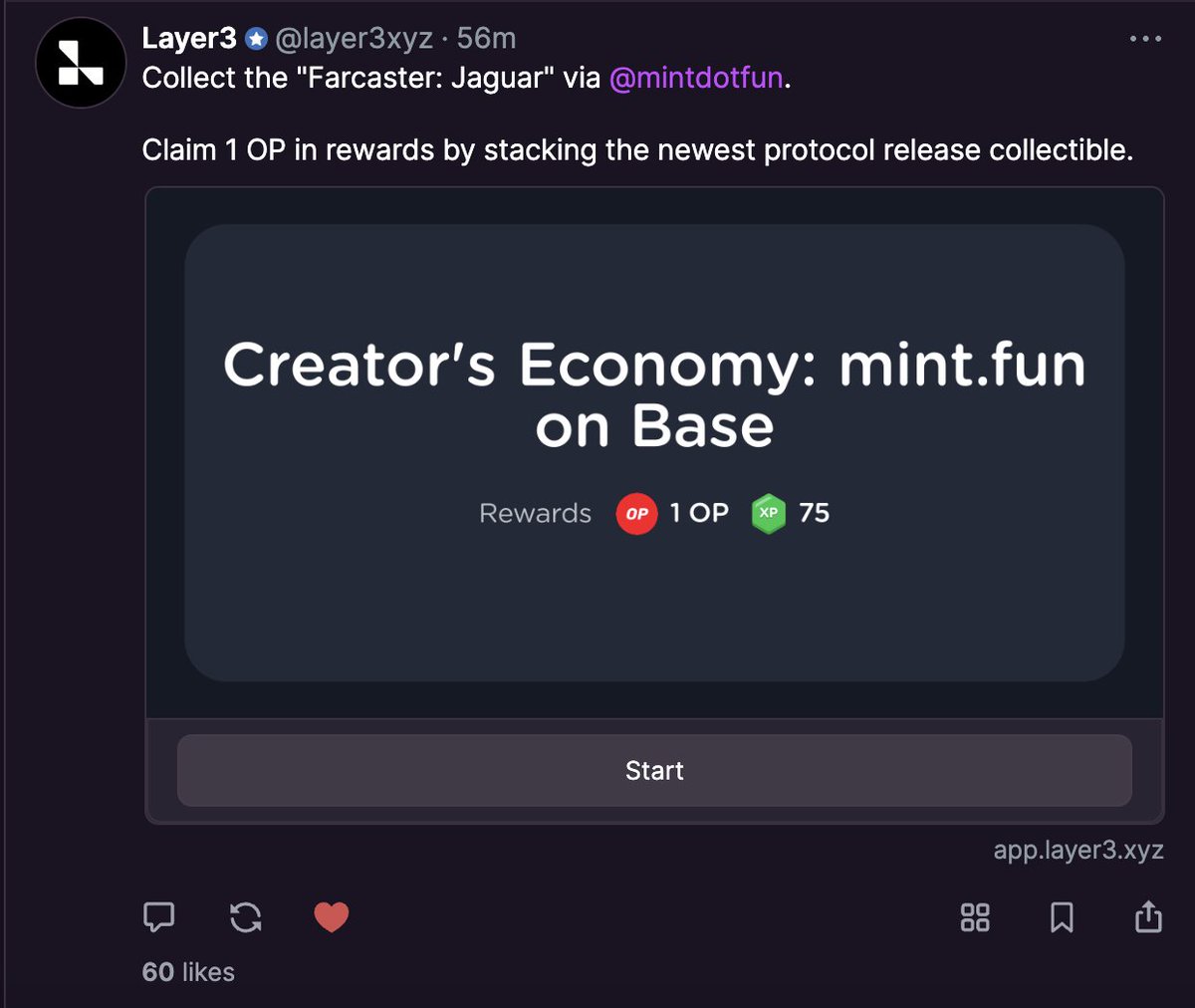 Collect the "Farcaster: Jaguar" via mint fun . Claim 1 OP in rewards by stacking the newest protocol release collectible.
Limited 2000
Mint👉mint.fun/base/0x1C48C35…
Warpcast👉 warpcast.com/~/channel/laye…