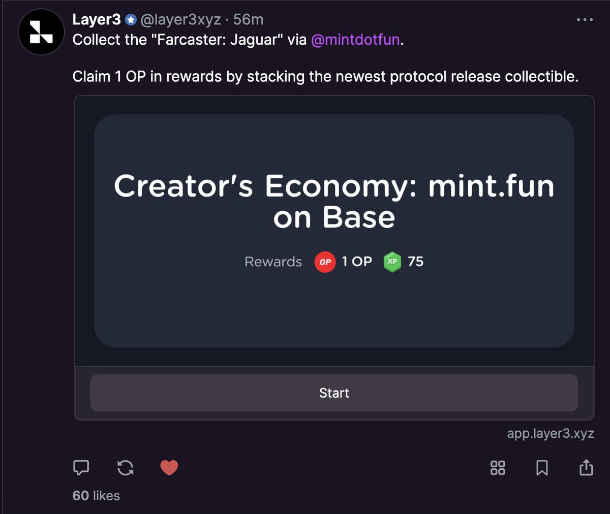 Collect the 'Farcaster: Jaguar' via mint fun . Claim 1 OP in rewards by stacking the newest protocol release collectible. Limited 2000 Mint👉mint.fun/base/0x1C48C35… Warpcast👉 warpcast.com/~/channel/laye…