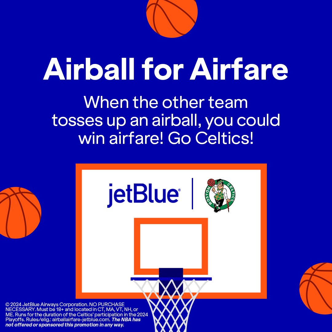 When the ball has its own flight path, you could win a flight. If you spot an airball by the opposing team during a @celtics playoff game, tap the link to enter to win. airballairfare-jetblue.com