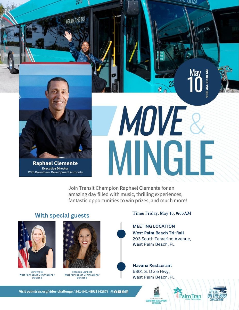 Join our Executive Director for @palm_tran's Move & Mingle event on Friday, May 10. We look forward to seeing you there! For more information, visit palmtran.org/rider-challenge 💡TIP: Download the Paradise Pass App and enter promo code CHALLENGE before you go! #PalmTranChallenge