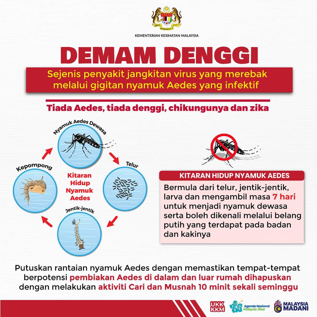 Ambil tindakan pencegahan proaktif bagi melindungi diri, keluarga dan komuniti dari ancaman demam denggi. 

𝘼𝙢𝙗𝙞𝙡 𝙥𝙚𝙙𝙪𝙡𝙞, 𝙣𝙮𝙖𝙢𝙪𝙠 𝘼𝙚𝙙𝙚𝙨 𝙩𝙞𝙙𝙖𝙠 𝙢𝙚𝙣𝙜𝙚𝙣𝙖𝙡 𝙢𝙖𝙣𝙜𝙨𝙖

#KementerianKesihatanMalaysia
#MalaysiaMadani
#JaPenWPKLP
#PPDBBSP
#KLCeria